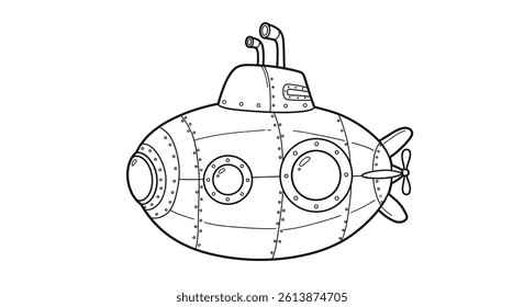 Coloring Page of a Chibi Submarine With a Large, Round Window (Porthole) on Its Side
