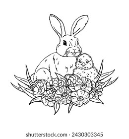 Coloring page with a chicken and a rabbit in the grass and flowers. Black and white image for Easter card, prin, sticker