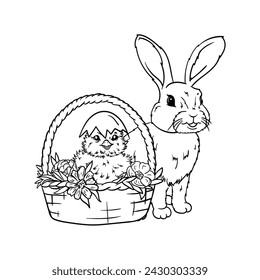 Coloring page of a chicken in a shell hat in a basket, flowers and a hare. Black and white illustration for Easter card