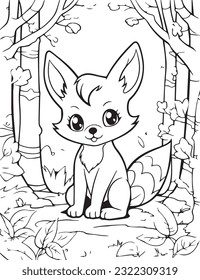 
Coloring page for child, cute adorable Fox animal in forest during the fall