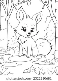 Coloring page for child, cute adorable fox animal in forest during the fall