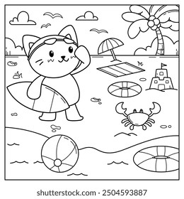 coloring page of a child, cute cat are gonna swim on the beach with sunglass