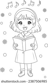 Coloring page a child singing Christmas carols.