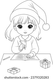 Coloring page a child writing a letter to Santa. Christmas coloring book