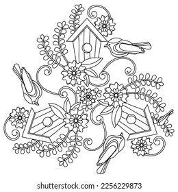 Coloring page for children and adult, Mandala. Birds ,birdhouse and flowers. Vector illustration