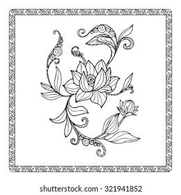 Coloring page for children and adult with vintage flowers pattern