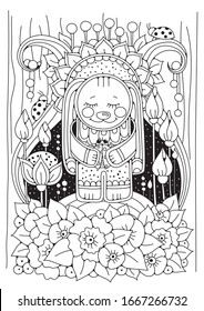 Coloring page for children and adults. Abstract aquarium with fish in the garden.