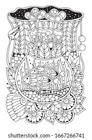 Coloring page for children and adults. Abstract aquarium with fish in the garden.