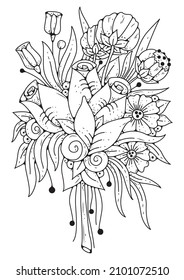 Coloring page for children and adults. Art therapy. Black-white background. Vector floral illustration. Art line.