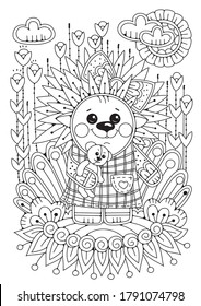 Coloring page for children and adults. A cute cartoon hedgehog with a bow holds a teddy bear in the lamas and stands in a flower meadow.