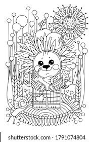 Coloring page for children and adults. A cute hedgehog with a snail in its paws stands in a flower meadow.