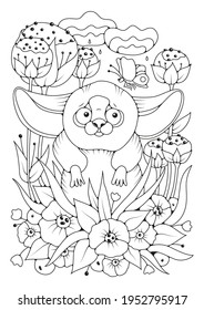 Coloring page for children and adults. A cute animal with long ears stands in a garden with flowers. Art line. Art therapy. Illustration for coloring.