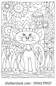 Coloring page for children and adults. A cute cat is sitting in the garden with flowers. Vector illustration for coloring. Black-white ornament. Art line. Art therapy.