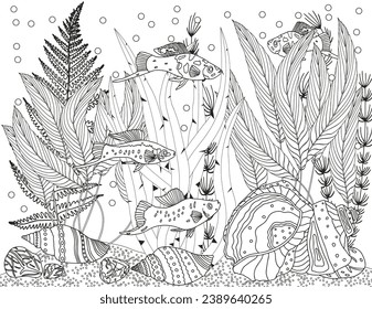 Coloring page for children and adults. Fabulous underwater world.