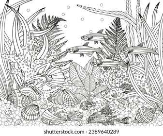 Coloring page for children and adults. Fabulous underwater world.