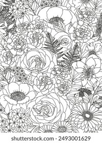 Coloring page for children and adults. Flowers.