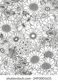 Coloring page for children and adults. Flowers.