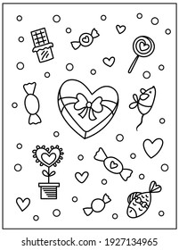 Coloring page for children and adults. Hand drawn doodle sweets and toys for cat. Outline vector illustration.