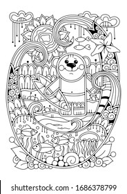 Coloring page for children and adults. The illustration shows a cute bear - surfer with a surfboard. This picture can be used as a print on fabric or tattoo.