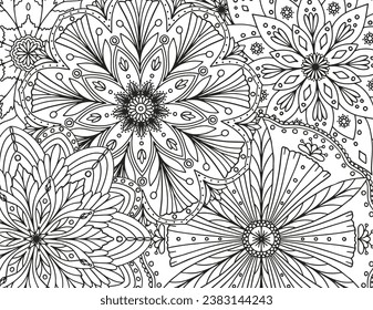 Coloring page for children and adults. Mandala consisting of floral elements.