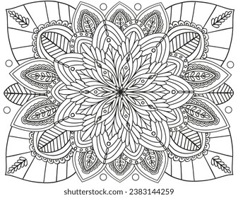 Página de colorear para niños y adultos. Mandala compuesto de elementos florales.