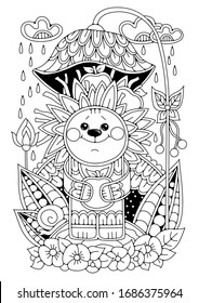 Coloring page for children and adults. The picture shows a cute hedgehog with apples. A cartoon character smiles and stands under an umbrella flower on a rainy day. The illustration can be used as a t