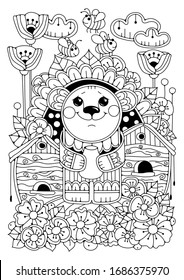 Coloring page for children and adults. The picture shows a cute teddy bear - a beekeeper on the background of the garden and beehives. The illustration can be used as a tattoo or print on fabric.