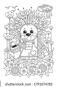 Coloring page for children and adults. The picture shows a cute cartoon hedgehog sniffing a flower, watering flowers in a flower garden. There is a watering can next to the hedgehog and a snail is cra