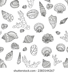 Coloring page for children and adults. Seashells of different shapes and floral elements.