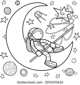 Coloring page for children and adults. Space fishing