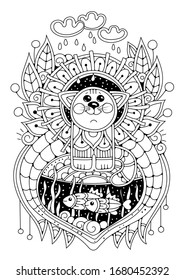 Coloring page for children and adults. The vector illustration shows a cat who sits on the lake. In the lake, fish swim.