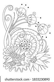 Coloring page for children and adults. Vector illustration with abstract flowers. Black-white background for coloring, printing on fabric or paper.