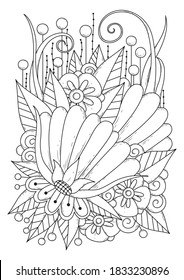 Coloring page for children and adults. Vector illustration with abstract flowers. Black-white background for coloring, printing on fabric or paper.