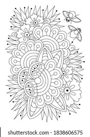 Coloring page for children and adults. Vector illustration with abstract flowers. Black-white background for coloring, printing on fabric or paper.