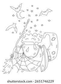 Coloring Page For Children And Adults With A Witch's Cauldron Magic Theme