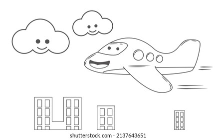 Coloring page for children, coloring book for children, children painting, illustration of airplane and cloud for children's materials.
