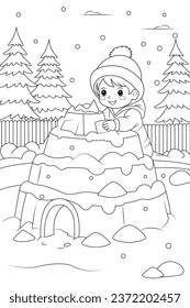 Coloring page a children building a snowman in the yard. Christmas colouring page
