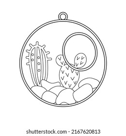 Coloring page for children. Cactuses in decorative round glass terrarium. Vector black and white illustration.