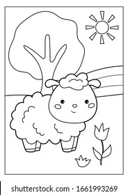 Coloring page for children. Cartoon sheep with flower. Farm animals. Educational game. Vector illustration.