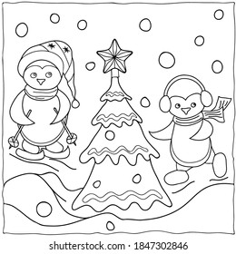 Coloring page for children. Christmas tree, penguin on skis, penguin in headphones. Hand drawn. Black and white vector illustration.