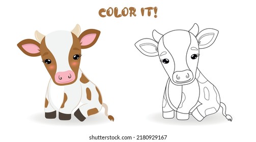 Coloring page for children. Color it. Little cute cow vector illustration
