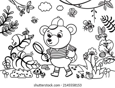 Coloring page for children. Cute bear character looking through a magnifying glass at a caterpillar on a plant. Curious bear using a magnifying glass to explore the nature. Black and white vector  