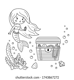 Coloring page for children. Cute cartoon mermaid with underwater treasure chest. Vector kawaii character.