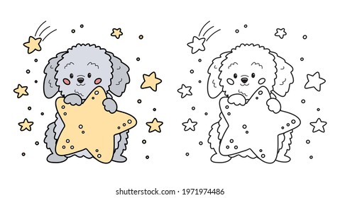 Coloring page for children. Cute cartoon dog with stars. Labradoodle puppy character. Vector illustration for preschool children, game, print and education. 