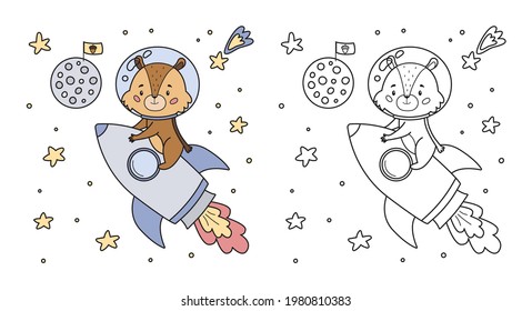 Coloring page for children with cute cartoon chipmunk on rocket. Outline black and white vector illustration. Space theme.