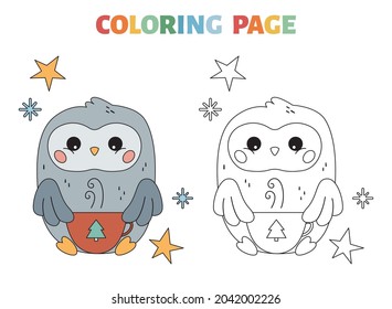 Coloring page for children. Cute cartoon kawaii owl with hot chocolate. Christmas and New Year coloring book. Black and white outline vector illustration.