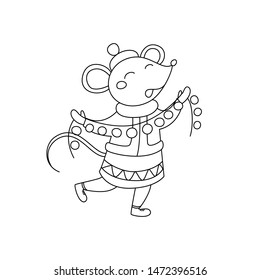 Coloring Page Children. Cute christmas mouse rat girl with garland in cartoon style. Vector illustration, black white outline. Winters coloring book for kids.