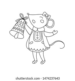 Coloring Page Children. Cute christmas mouse rat girl with handbell in cartoon style. Vector illustration, black white outline. Winters coloring book for kids.
