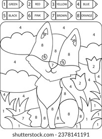 Coloring page for children. Cute fox animal. Coloring by numbers.