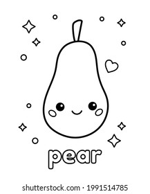 Coloring page for children. Cute kawaii pear with happy face. Healthy food. Cartoon fruit. Vector illustration.